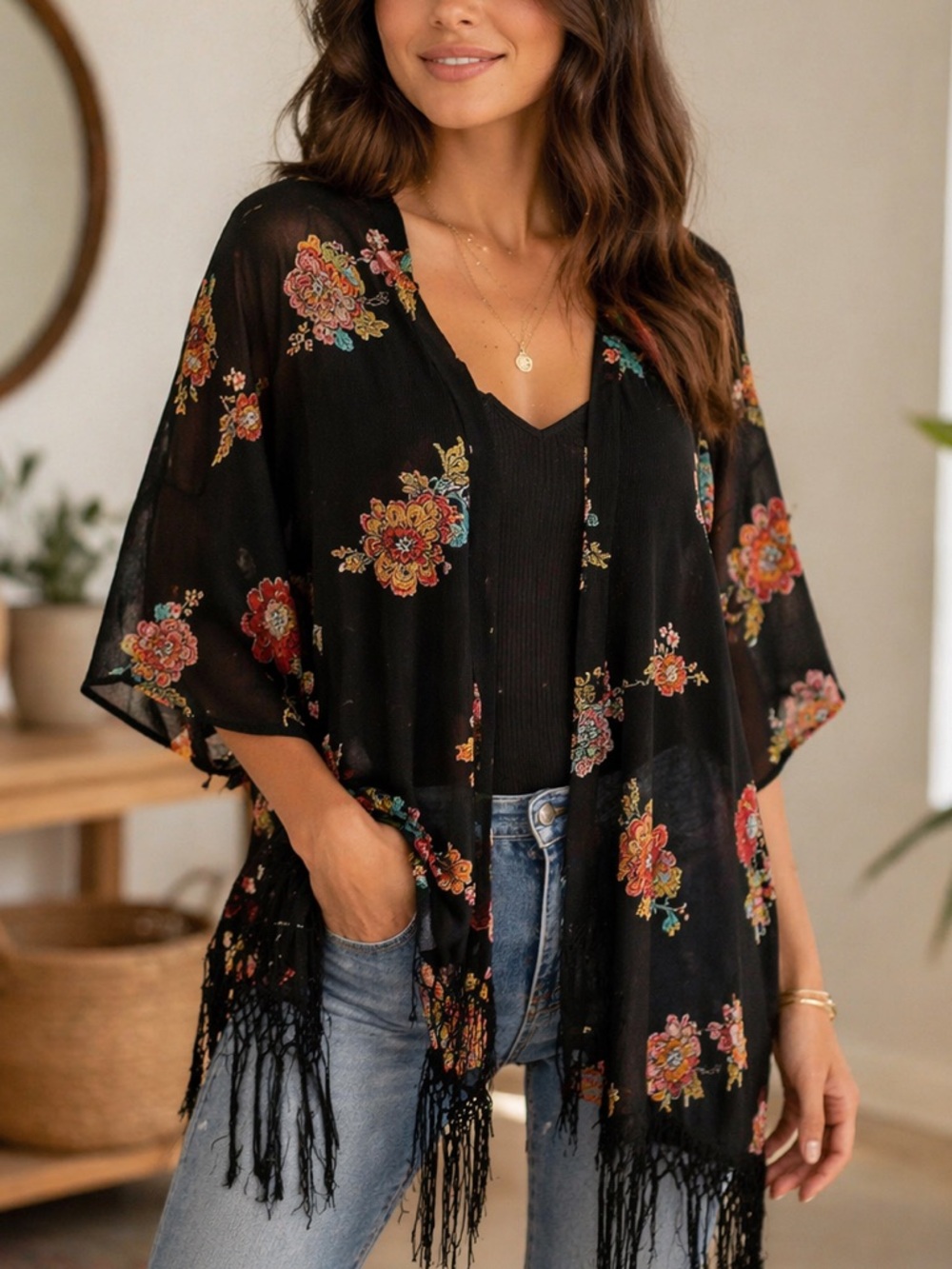Xhilaration Floral Boho Kimono Fringe Sheer Duster M/L Festival
